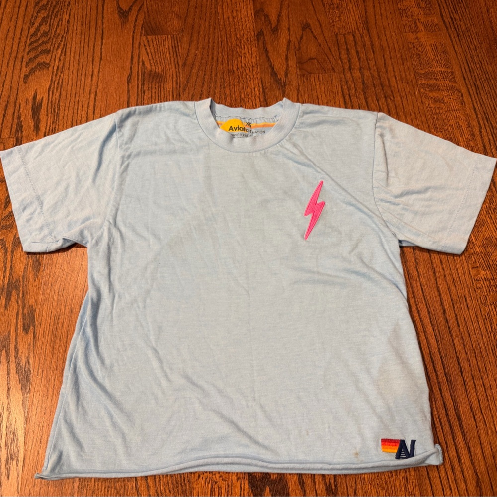 Aviator Nation Light Blue Tee with Pink Lightning Bolt